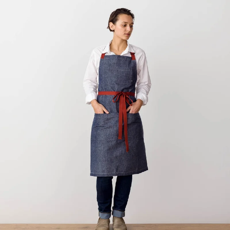 Classic Chef Apron, Blue Denim with Red Straps, Men or Women