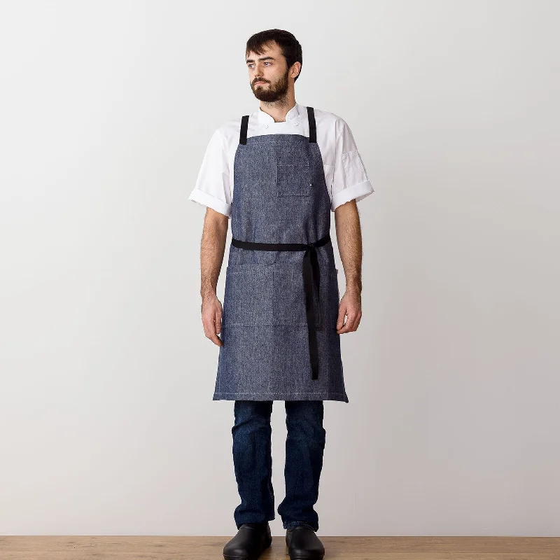 Cross Back Chef Apron, Blue Denim with Black Straps, Men and Women