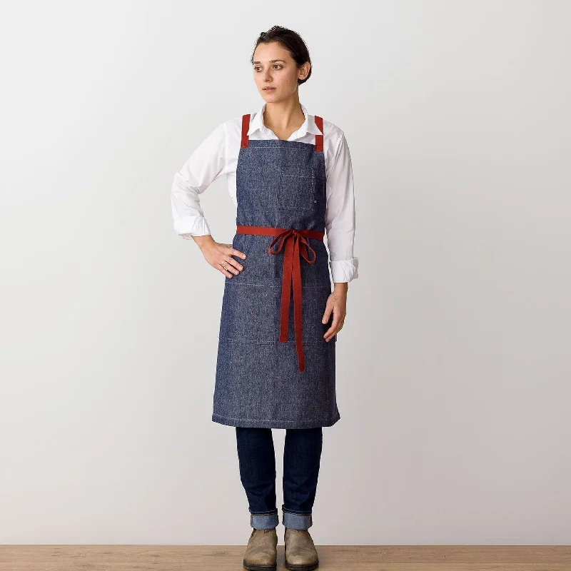 Cross Back Chef Apron, Blue Denim with Red Straps, Men and Women