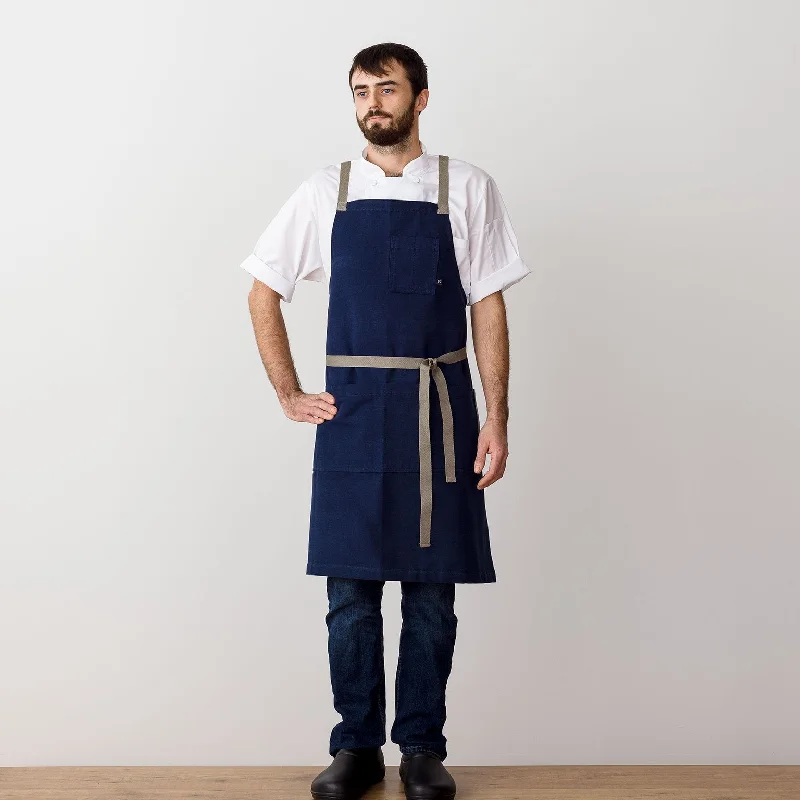 Cross Back Chef Apron, Navy with Tan Straps, Men and Women