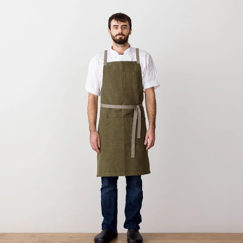 Cross Back Chef Apron, Olive with Tan Straps, Men and Women