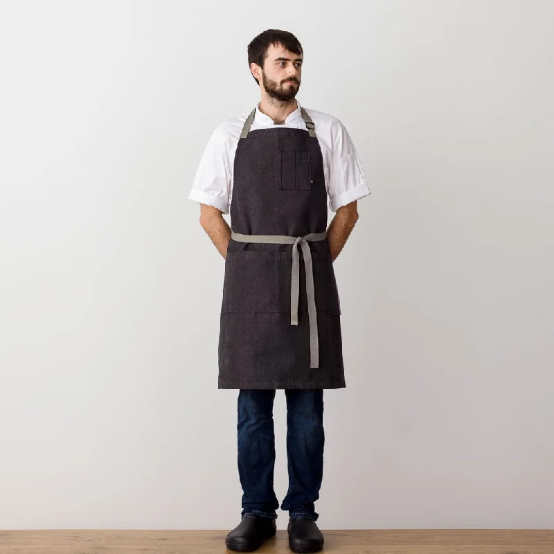 Classic Chef Apron, Charcoal Black with Tan Straps, Men or Women