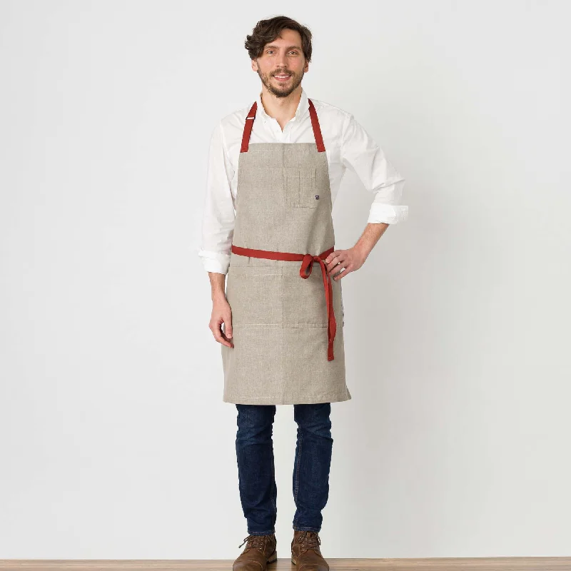 Classic Chef Apron, Tan with Red Straps, Men or Women