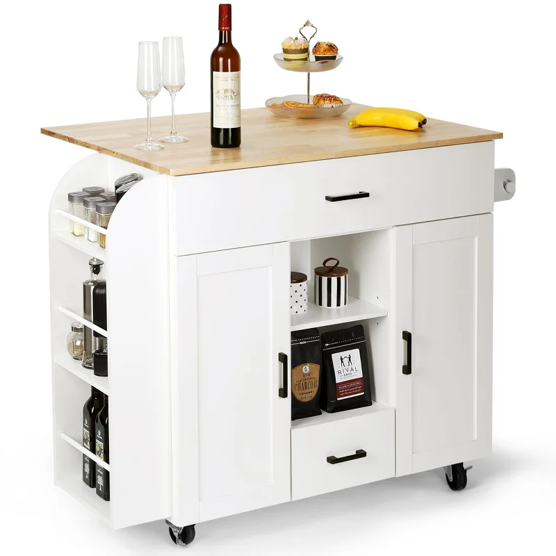 VOWNER White Kitchen Island with Drop Leaf and Ample Storage