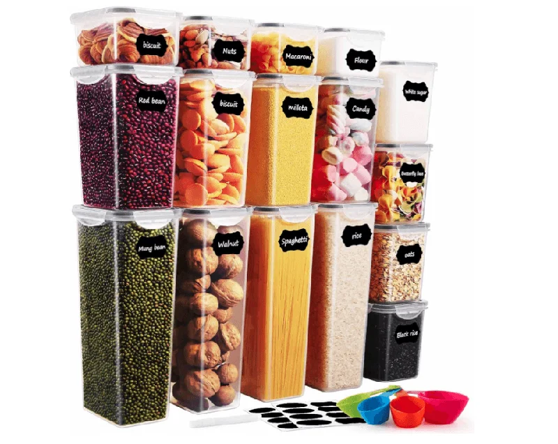 16 Pack Airtight Food Storage Containers Set-Kitchen and Pantry Organization, BPA-Free Plastic Containers with Lids for Dry Food, Cereal, Flour & Sugar, Include Labels, Marker & Spoon Set