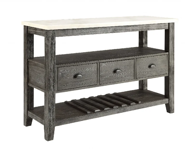 18" X 54" X 36" White Marble Gray Oak Wood Server