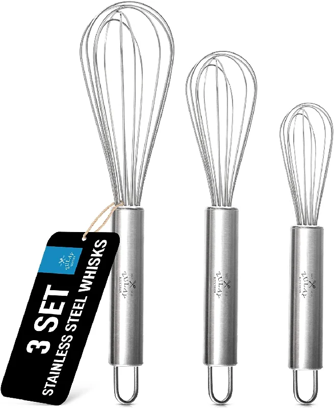 3 Pack Sturdy 7 Wire Whisks For Cooking & Baking (8" 10" 12")