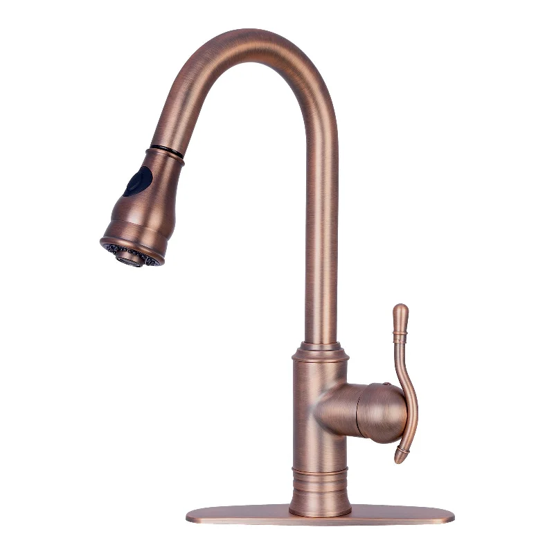 Antique Bronze Pull Out Kitchen Faucet, Single Level Solid Brass Kitchen Sink Faucets with Pull Down Sprayer - AK96415-D-AB