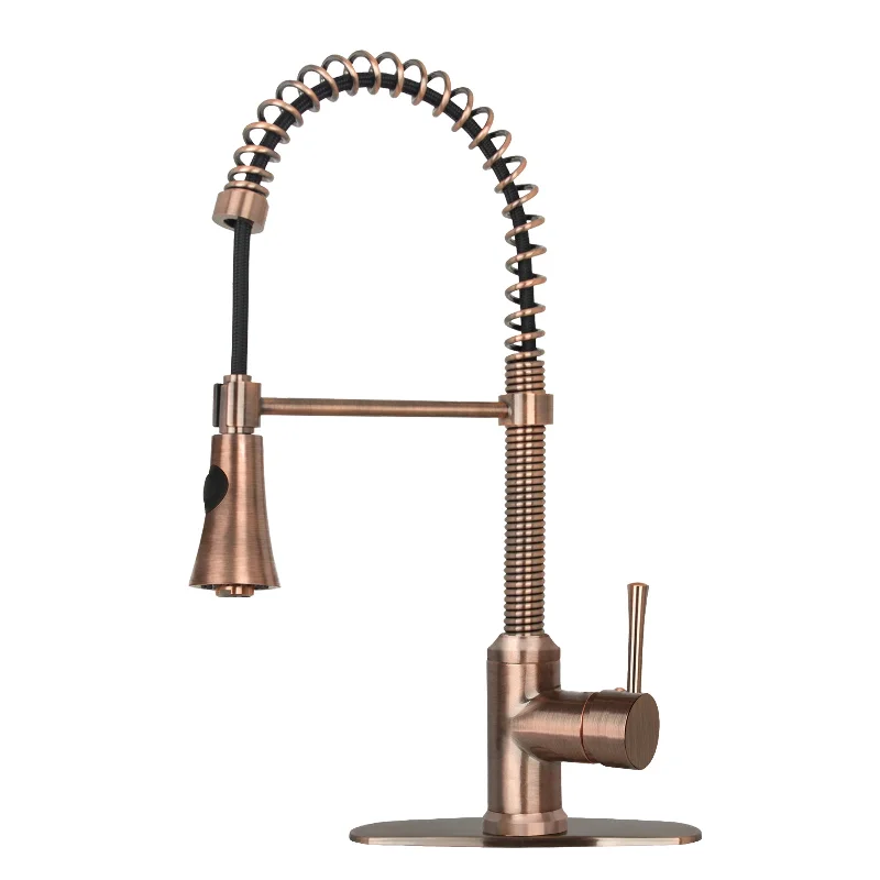 Antique Copper Pre-Rinse Spring Kitchen Faucet, Single Level Solid Brass Kitchen Sink Faucets with Pull Down Sprayer - AK96565-AC