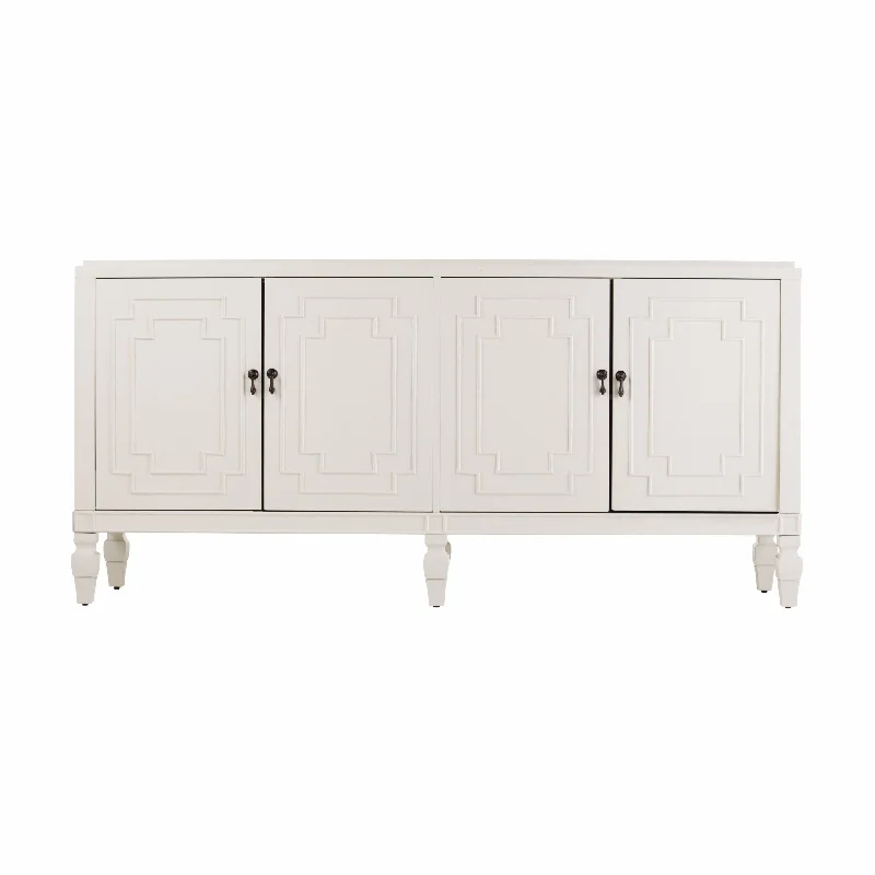 Antiqued White Geometric Lines Low Accent Cabinet Buffet