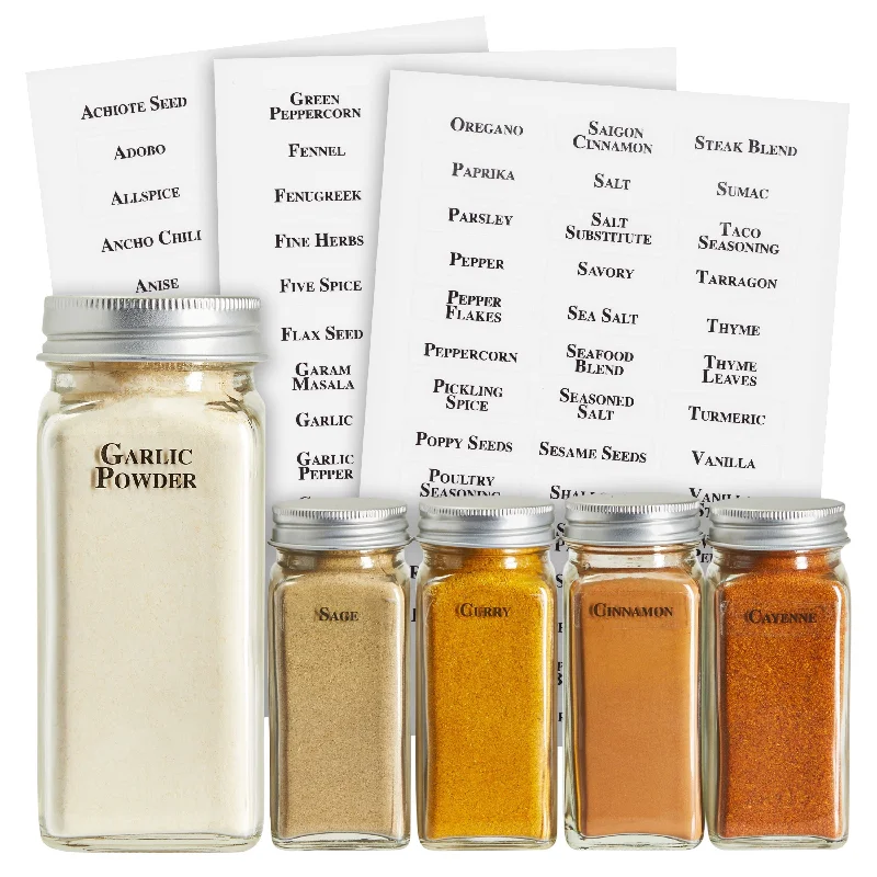 Talented Kitchen 125 Clear Spice Jar Labels - Preprinted Small Seasoning Stickers for Herb Containers and Spice Rack Organization (Black Print on Clear Backing, Water Resistant)