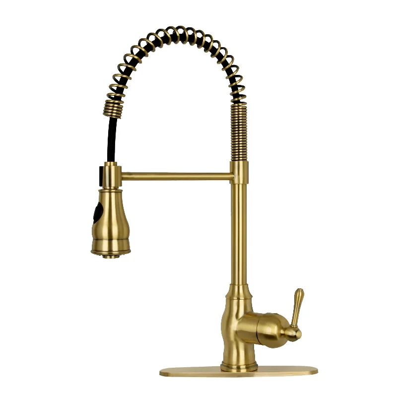 Brushed Gold Pre-Rinse Spring Kitchen Faucet, Single Level Solid Brass Kitchen Sink Faucets with Pull Down Sprayer - AK96518-BTG