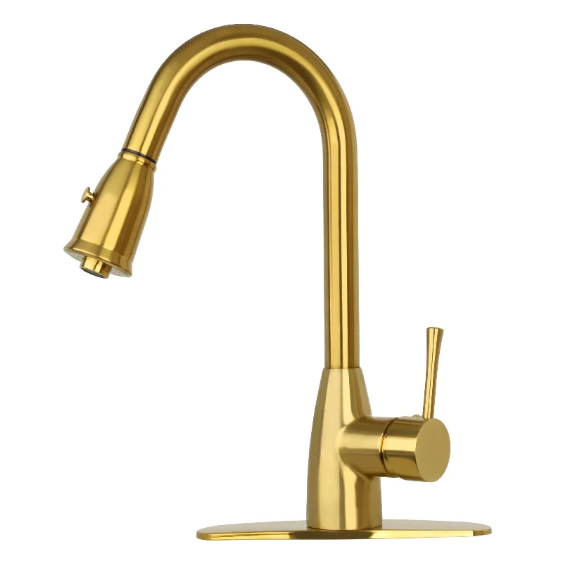 Brushed Gold Pull Out Kitchen Faucet with Deck Plate, Single Level Solid Brass Kitchen Sink Faucets with Pull Down Sprayer - AK455BTG