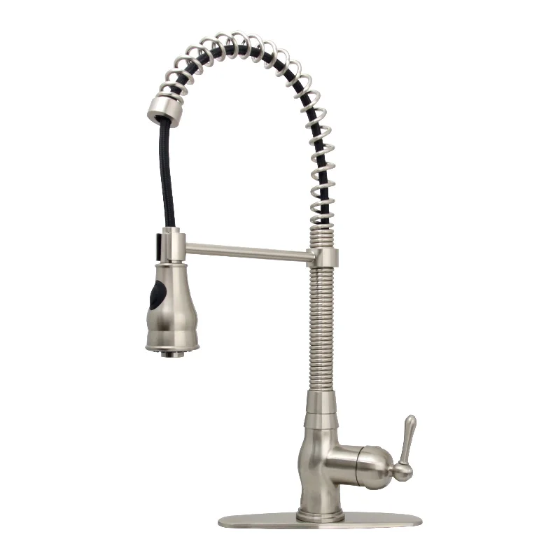 Brushed Nickel Pre-Rinse Spring Kitchen Faucet, Single Level Solid Brass Kitchen Sink Faucets with Pull Down Sprayer - AK96518A-BN