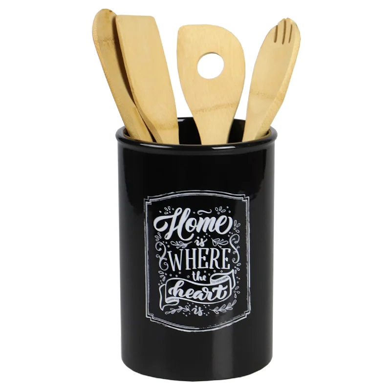 Home is Where the Heart is Ceramic Utensil Crock, Black