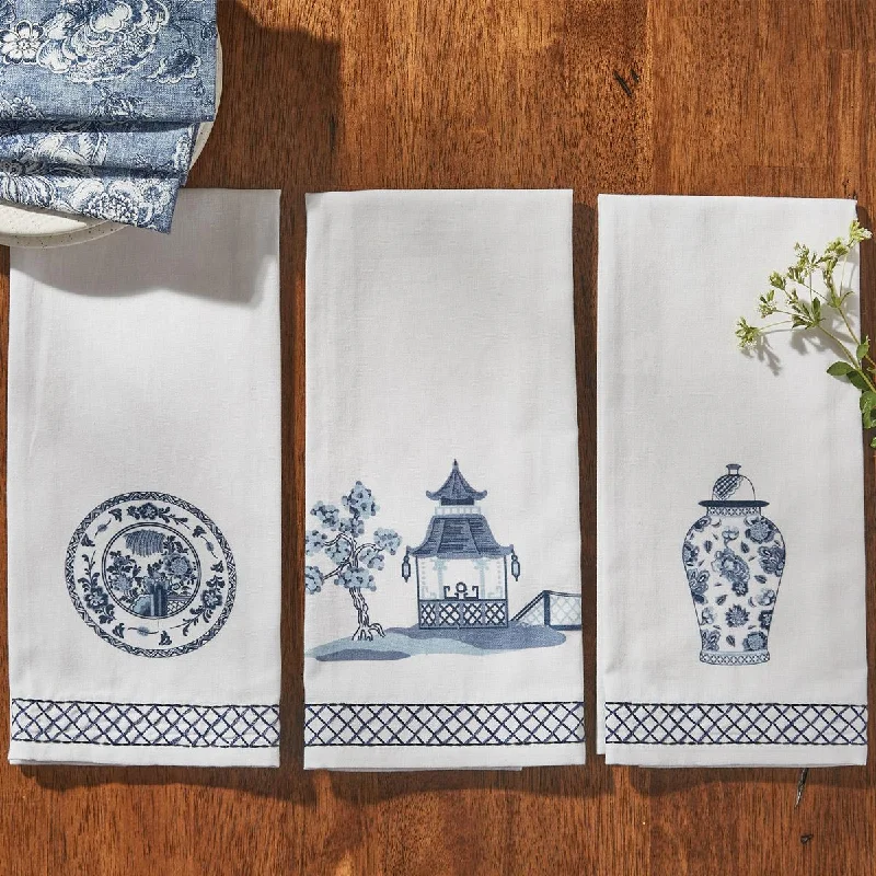 Chinois Printed/Embroidered Pagoda Dishtowel - Set of 2 Park Designs