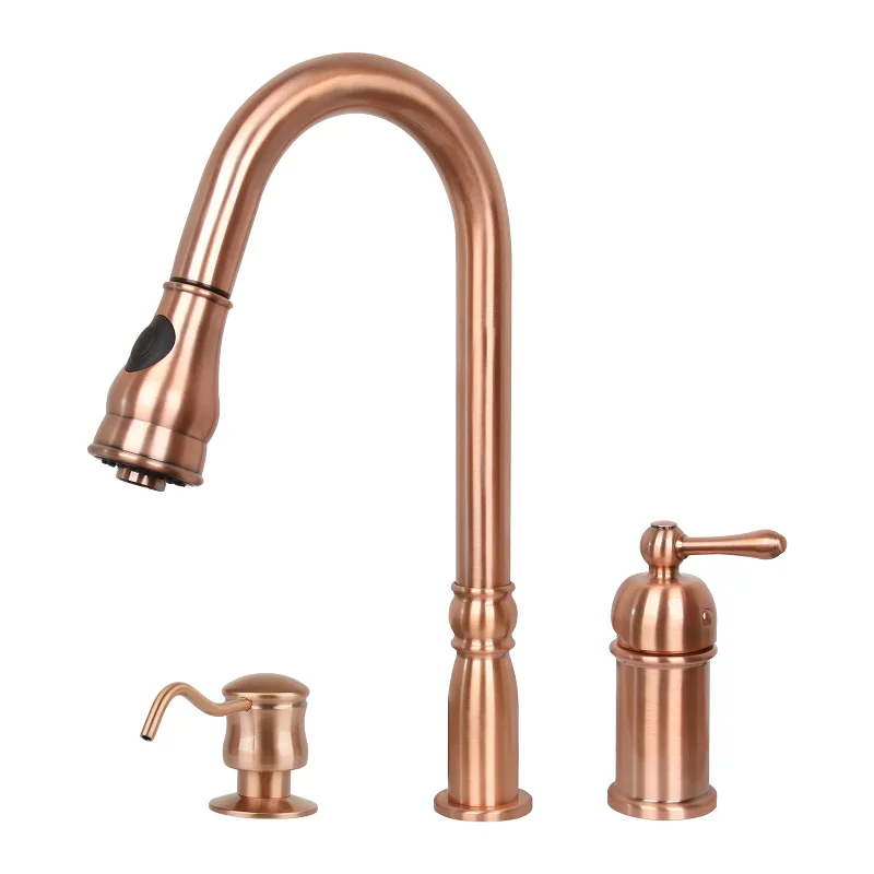 Copper Kitchen Faucet with in-Deck Handle and Soap Dispenser, Single Handle Solid Brass High Arc Pull Down Sprayer Head Kitchen Sink Faucet