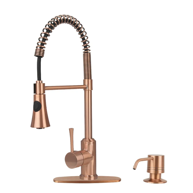 Copper Kitchen Faucet with Soap Dispenser, Single Handle Solid Brass High Arc Pull Down Sprayer Head Kitchen Sink Faucets with Deck Plate