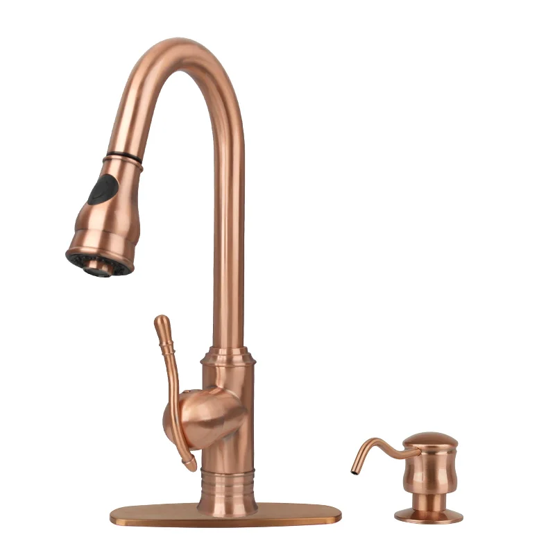 Copper Kitchen Faucet with Soap Dispenser, Single Handle Solid Brass High Arc Pull Down Sprayer Head Kitchen Sink Faucets with Deck Plate