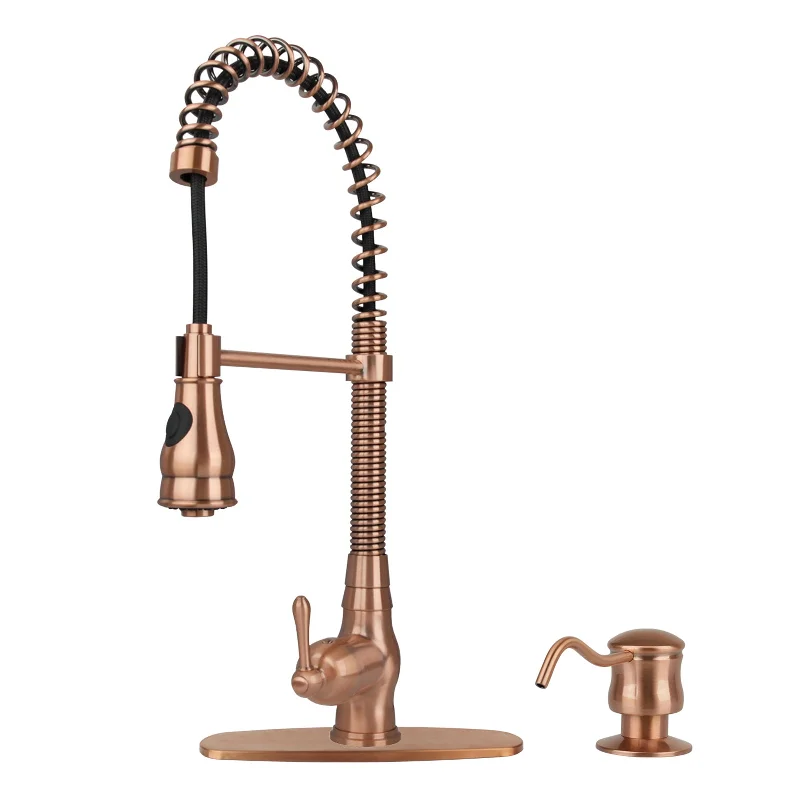 Copper Kitchen Faucet with Soap Dispenser, Single Handle Solid Brass High Arc Pull Down Sprayer Head Kitchen Sink Faucets with Deck Plate