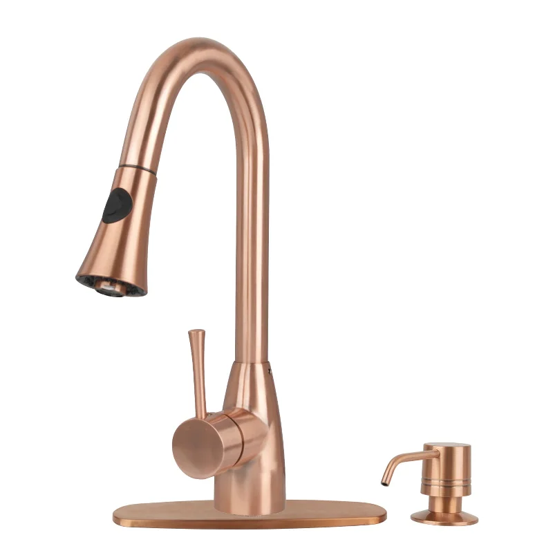 Copper Kitchen Faucet with Soap Dispenser, Single Handle Solid Brass High Arc Pull Down Sprayer Head Kitchen Sink Faucets with Deck Plate