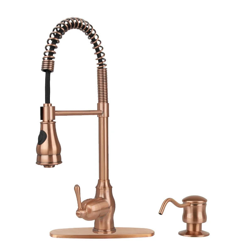 Copper Kitchen Faucet with Soap Dispenser, Single Handle Solid Brass High Arc Pull Down Sprayer Head Kitchen Sink Faucets with Deck Plate