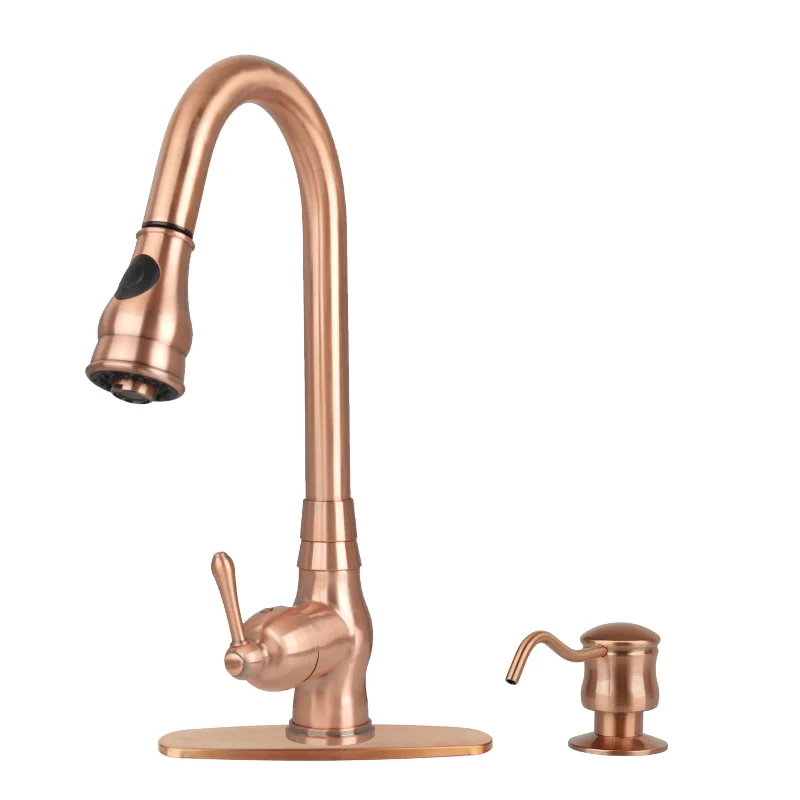 Copper Kitchen Faucet with Soap Dispenser, Single Handle Solid Brass High Arc Pull Down Sprayer Head Kitchen Sink Faucets with Deck Plate