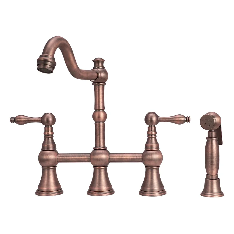 Copper Two-Handles Bridge Kitchen Faucet with Side Sprayer, Solid Brass Kitchen Sink Faucet - Antique Bronze