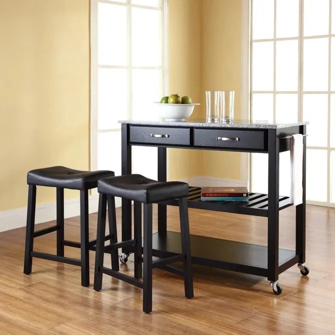 Crosley Furniture Kitchen Prep Black/gray Granite Top Kitchen Cart With Upholstered Saddle Stools