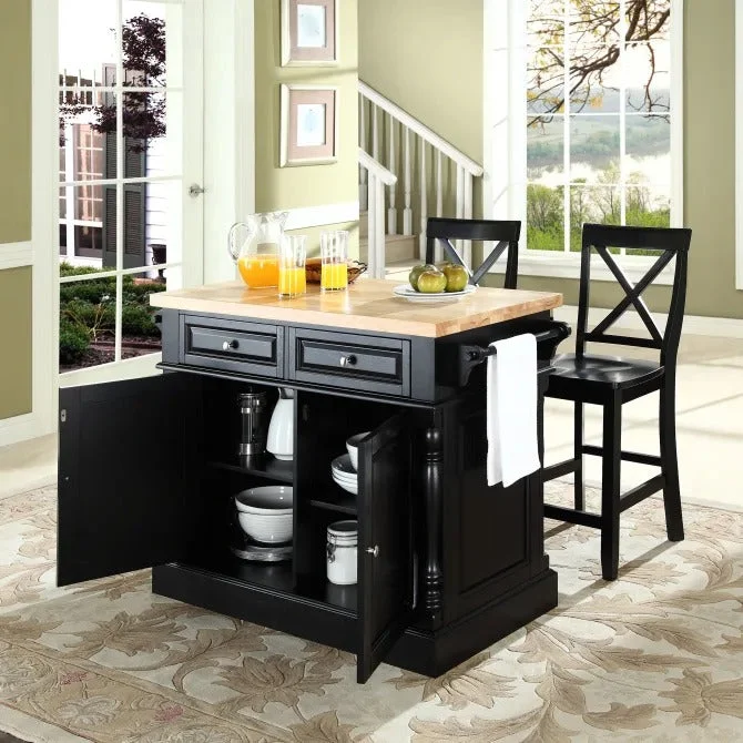 Crosley Furniture Oxford Natural Wood Top Kitchen Island With 2 Bar Stools