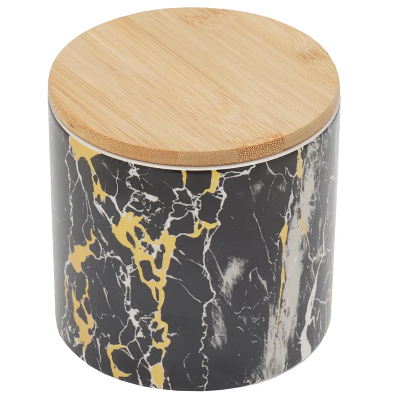 Marble Like Small Ceramic Canister with Bamboo Top, Black