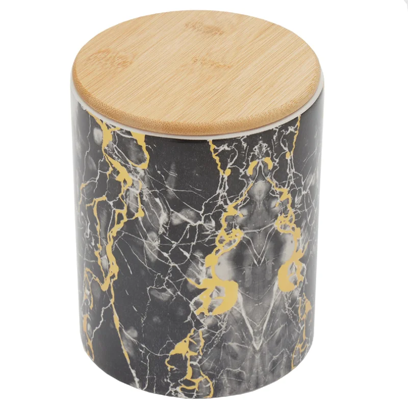 Marble Like Medium Ceramic Canister with Bamboo Top, Black