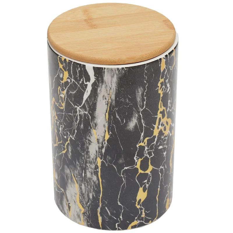 Marble Like Large Ceramic Canister with Bamboo Top, Black