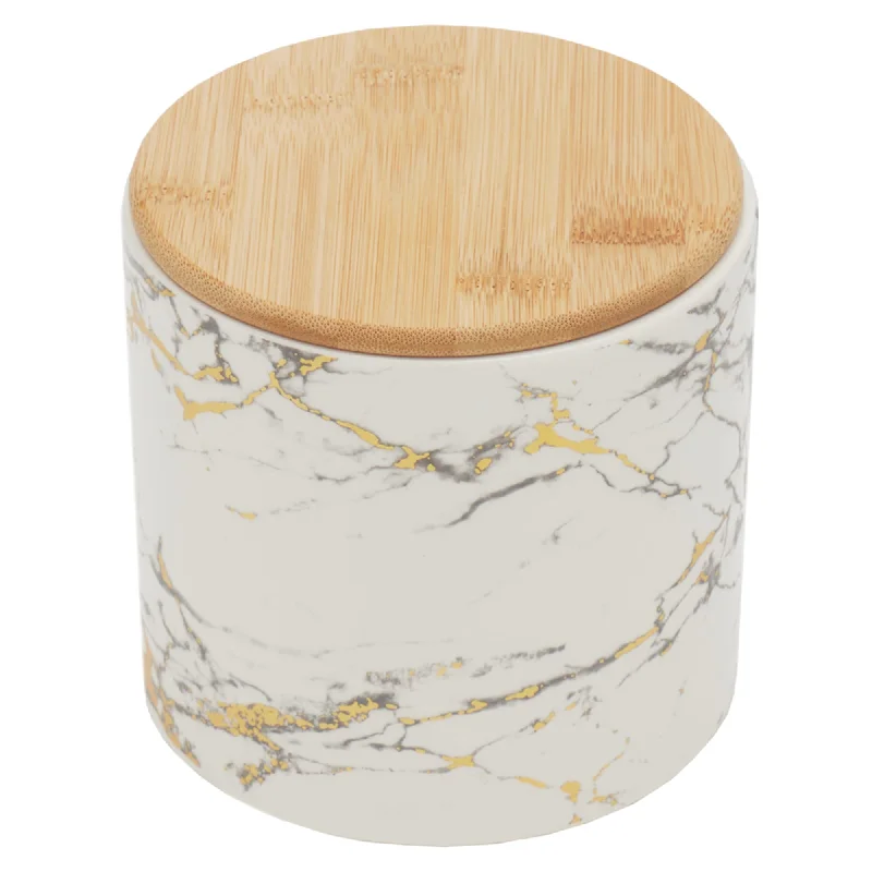 Marble Like Small Ceramic Canister with Bamboo Top, White