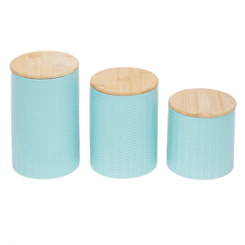 Wave 3 Piece Ceramic Canister Set With Bamboo Tops, Turquoise