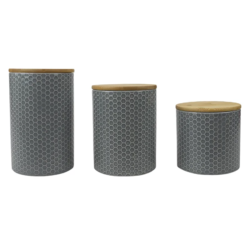 Honeycomb 3 Piece Ceramic Canister Set, Grey