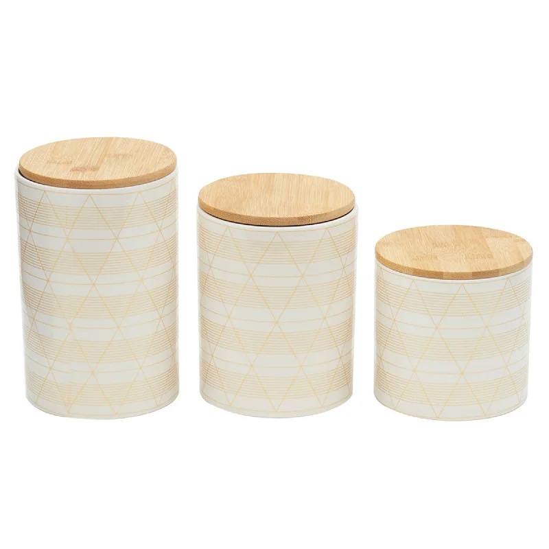 Diamond Stripe 3 Piece Ceramic Canister Set with Bamboo Top, White