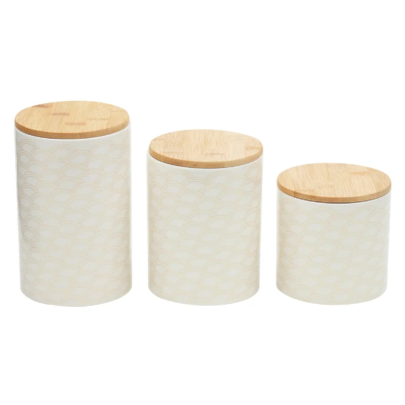 Scallop 3 Piece Ceramic Canister Set With Bamboo Tops, White