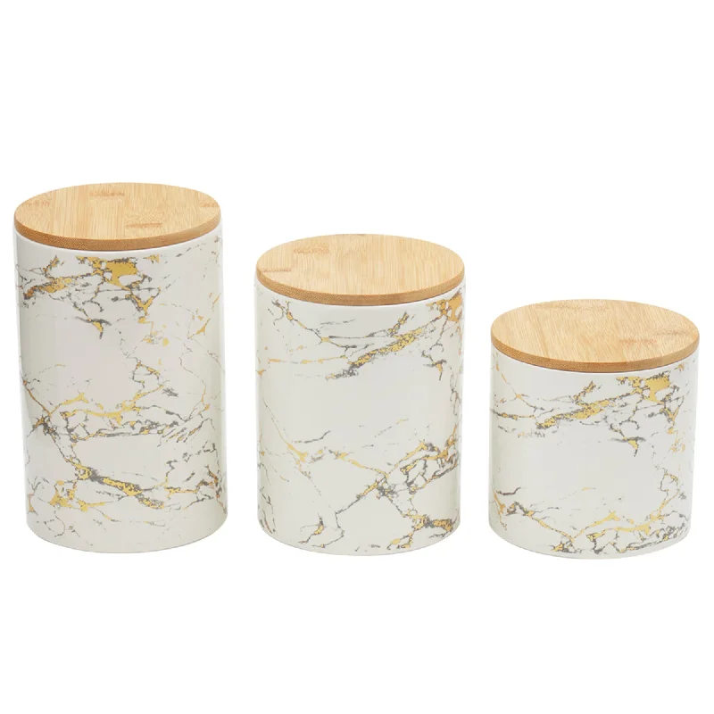 Faux Marble 3 Piece Ceramic Canister Set With Bamboo Tops, White