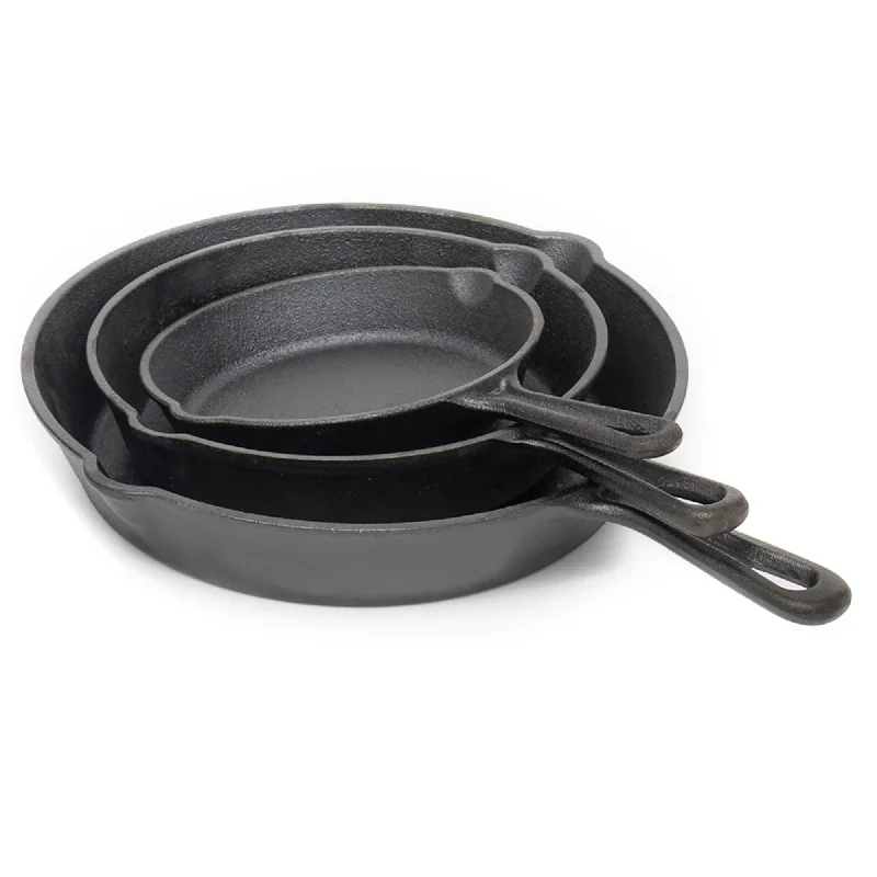 3 Piece Cast Iron Skillet Set Includes 6", 8", and 10.5" skillets, Black