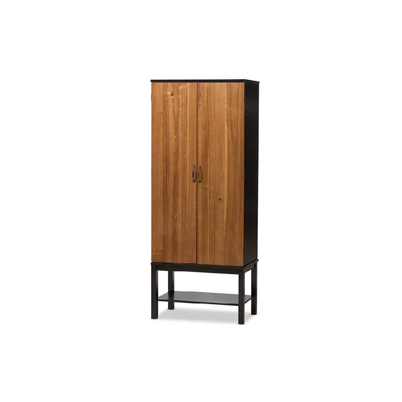 Dark Brown and Walnut Two-Tone Solid Rubberwood Mdf Veneered Wine Cabinet