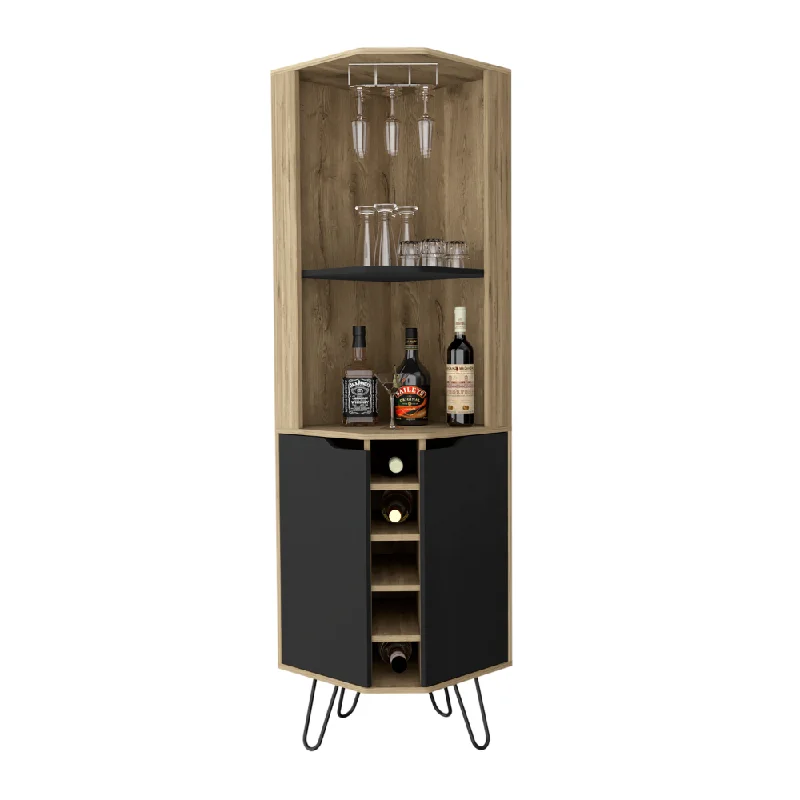 Depot E-Shop Bursan Corner Cabinet Six Built-in Wine Rack, Two Shelves, Four Shelves, Macadamia / Black