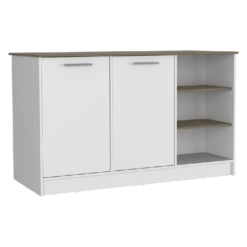 DEPOT E-SHOP Mars Kitchen Island-Two Cabinets, Countertop, Three Open Shelves-White/Dark Brown, For Kitchen