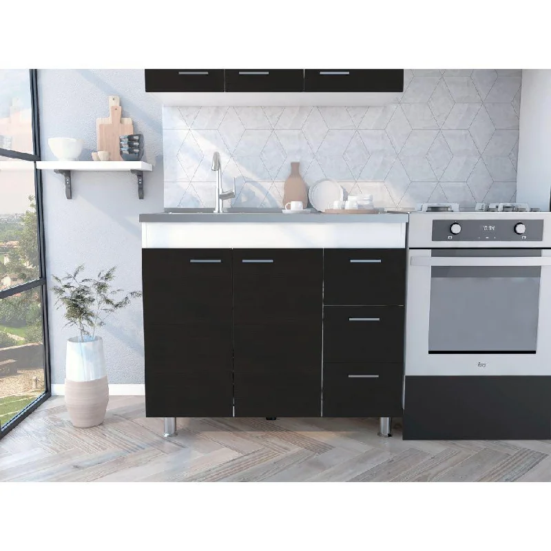 DEPOT E-SHOP Rushville Base Cabinet, Three Drawers, Two-Door Cabinet, Countertop, Four Legs-White-Black, For Kitchen