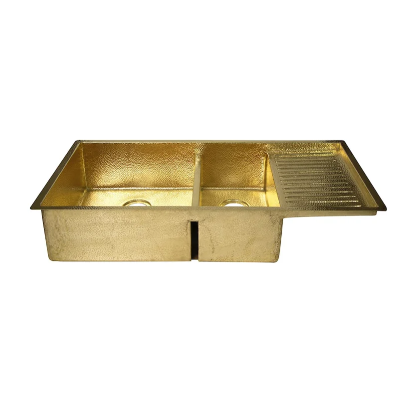 Drop-In Double Bowl Brass Kitchen Sink With Drainboard-Vexa