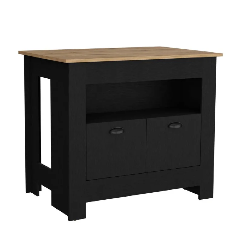 Floyd 35" H Kitchen Island, whit  2 doors, 3 shelves, Black/Macadamia,