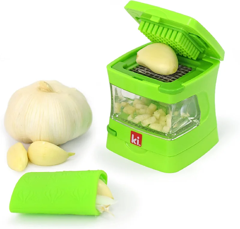 Kitchen Innovations Garlic-A-Peel Garlic Press, Crusher, Cutter, Mincer, and Storage Container, Green