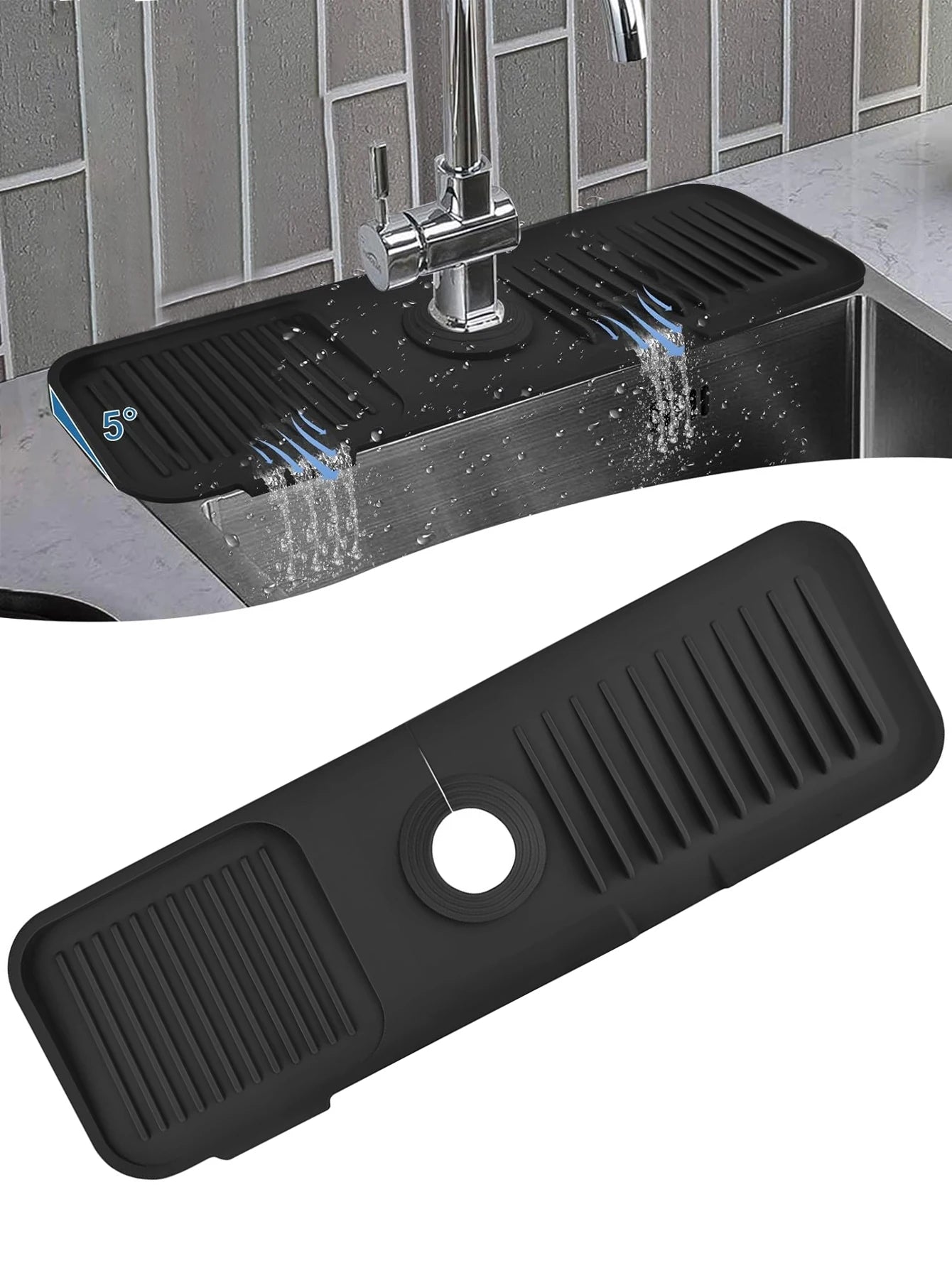 Kitchen Sink Splash Guard Silicone Mat Absorbent Faucet Protector (Black)