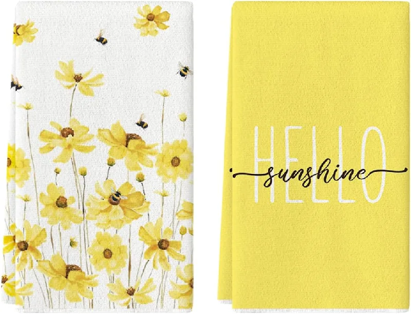 Kitchen Towels Yellow Flowers Bee Hello Sunshine Spring, Set of 2 Hand Towels (18" x 26")