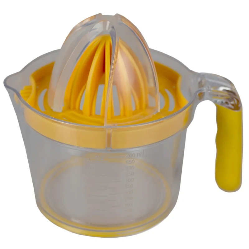 4-in-1 Manual Food-Grade Plastic Juicer with Built-in Measuring Cup and Egg Separator, Yellow